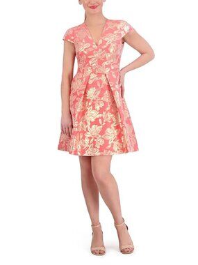 Vince Camuto Size 12 Pink & Gold Floral Jacquard Fit Flare Dress NWT